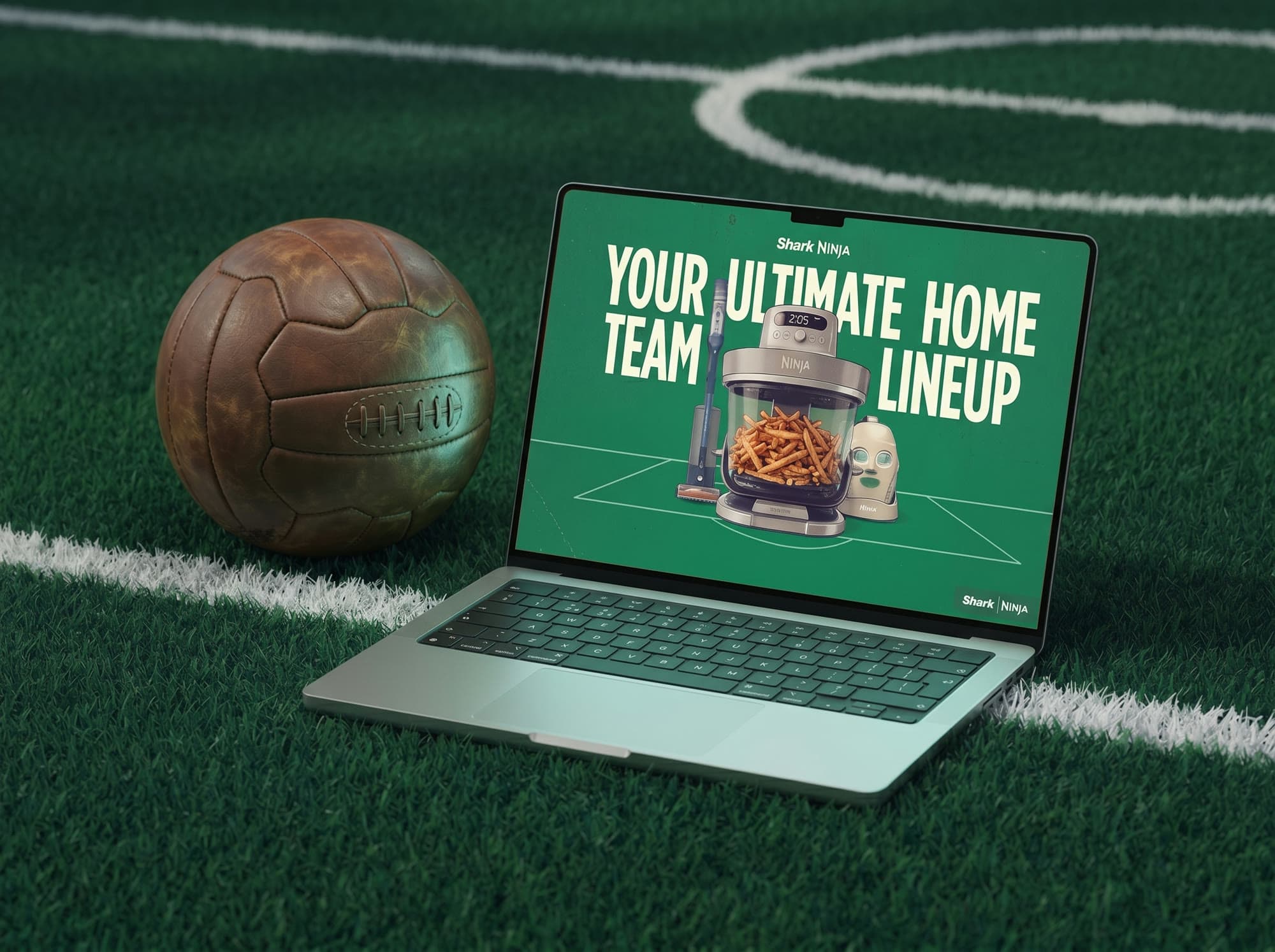 The SharkNinja Brand Store open on a laptop sitting on a football pitch.
