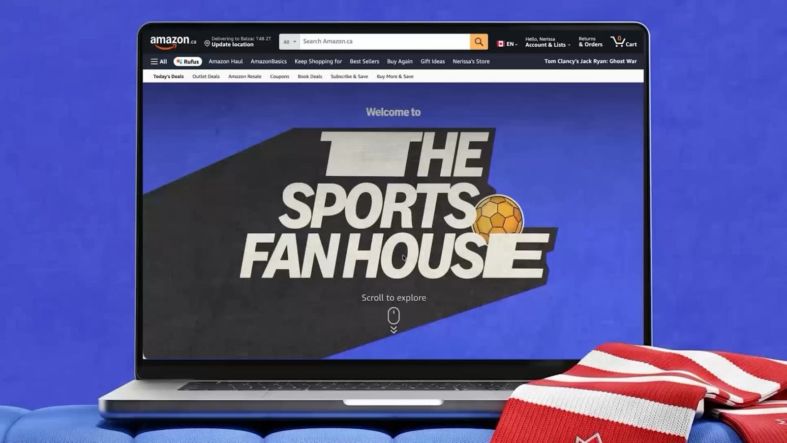 The Sports Fan House open on Amazon.ca, with a scroll-to-explore cue.
