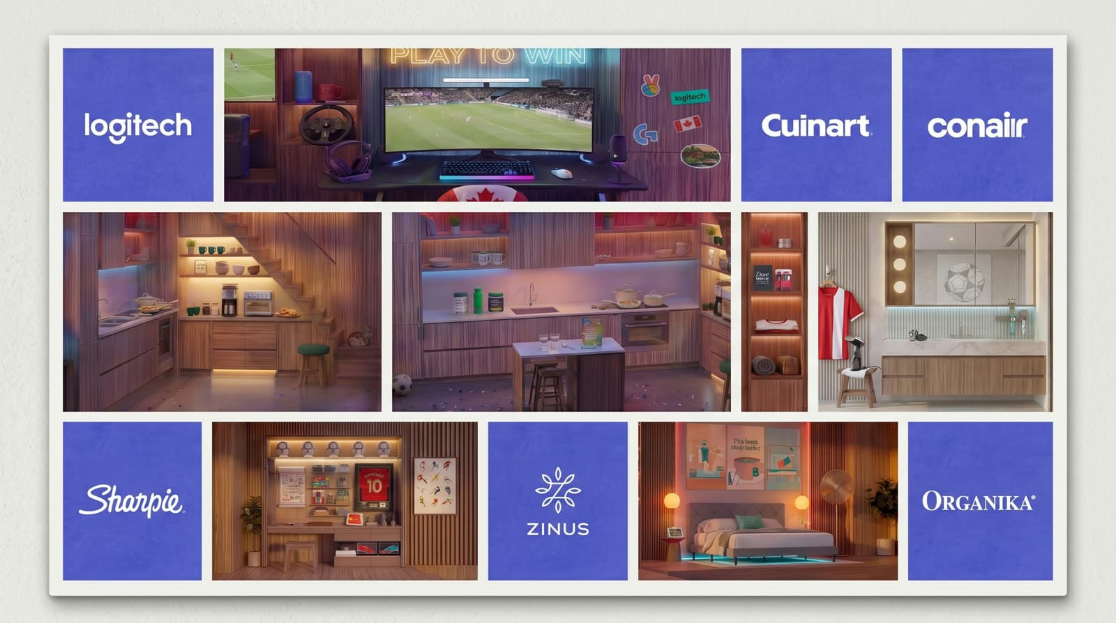 The seven rooms of the house and the seven brands, as a contact sheet.